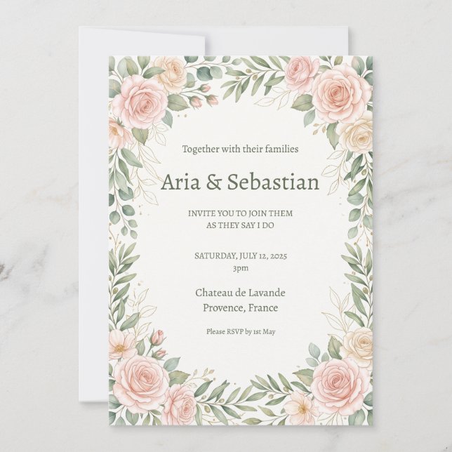 Bröllop med rosengrönska i rosé inbjudningar (Framsida)