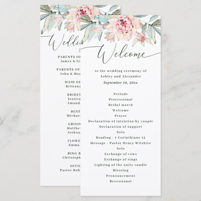 Bröllop med rosenskära blommor. Vattenfärg elegant Program (Fram/baksida)