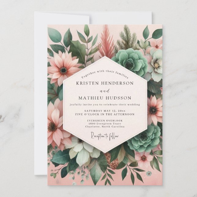 Bröllop med rosenskära botaniska arrangemang inbjudningar (Framsida)