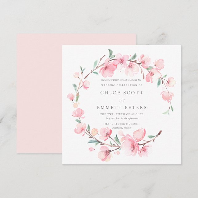 Bröllop med rosenskiftande körsbärsblom och blomst inbjudningar (Fram/baksida)