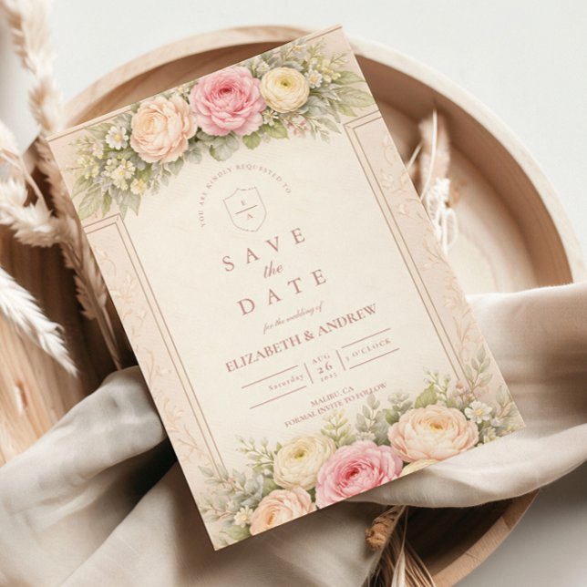 Bröllop med rosenträdgård i rodnad ranunkel spara datumet (Skapare uppladdad)