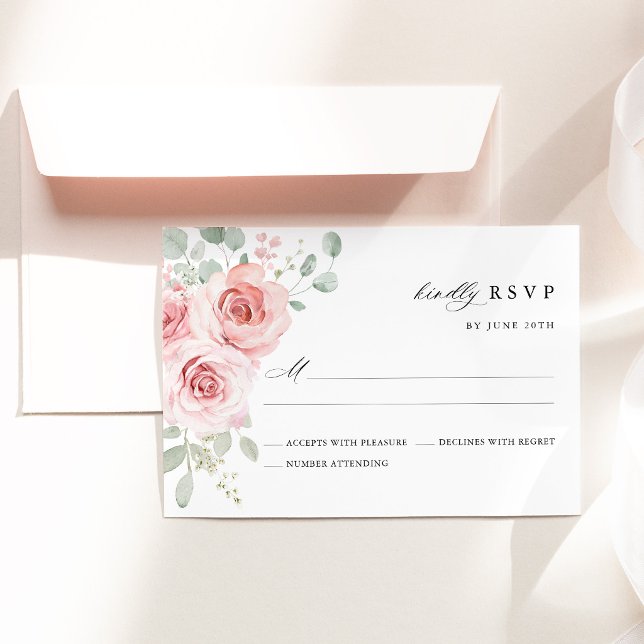 Bröllop med rosor i roséton OSA kort (Blush Rose Floral Wedding RSVP Card, Watercolor Blush Pink Rose Response Card)