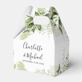 Bröllop med signaturskript och gröna blad presentaskar