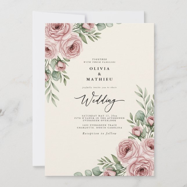 Bröllop med skämrosrosa graciöst botaniskt tema inbjudningar (Framsida)