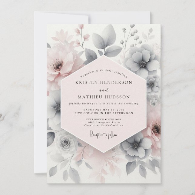 Bröllop med skär rosa eterisk blomsterdesign inbjudningar (Framsida)