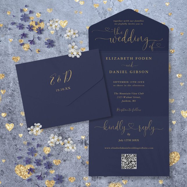 Bröllop med skript-hjärta, marinblå och guld QR-ko (Script Hearts Navy Blue And Gold QR Code Wedding All In One Invitation)