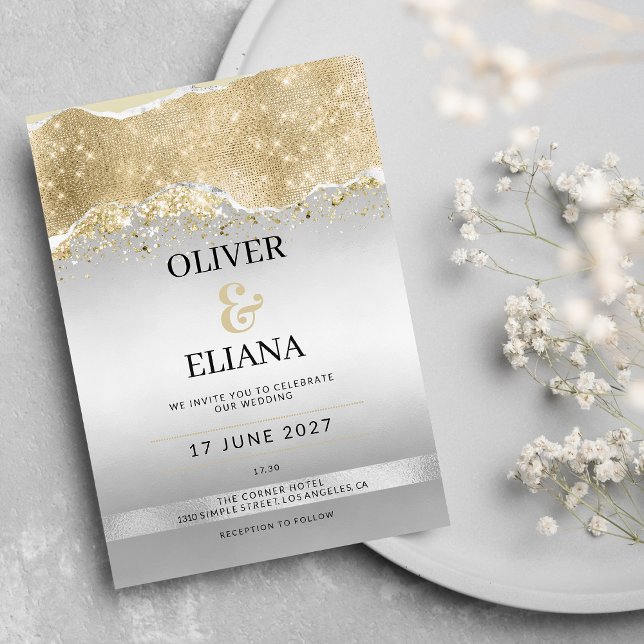 Bröllop med svävande silver- och gulddis inbjudningar (Dazzling silver and gold sparkle glitter Wedding)