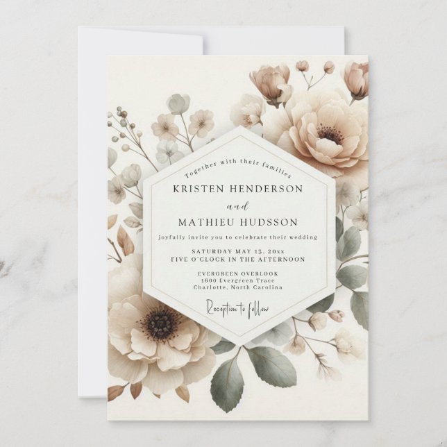 Bröllop med urblekt beige blomning inbjudningar (Framsida)