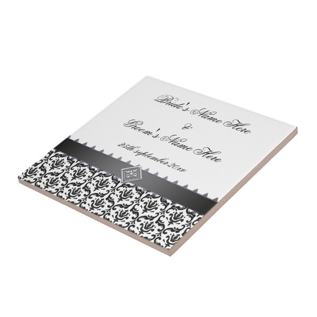 Bröllop Memento Tile Snyggt Black & White Damask Kakelplatta (Sidan)