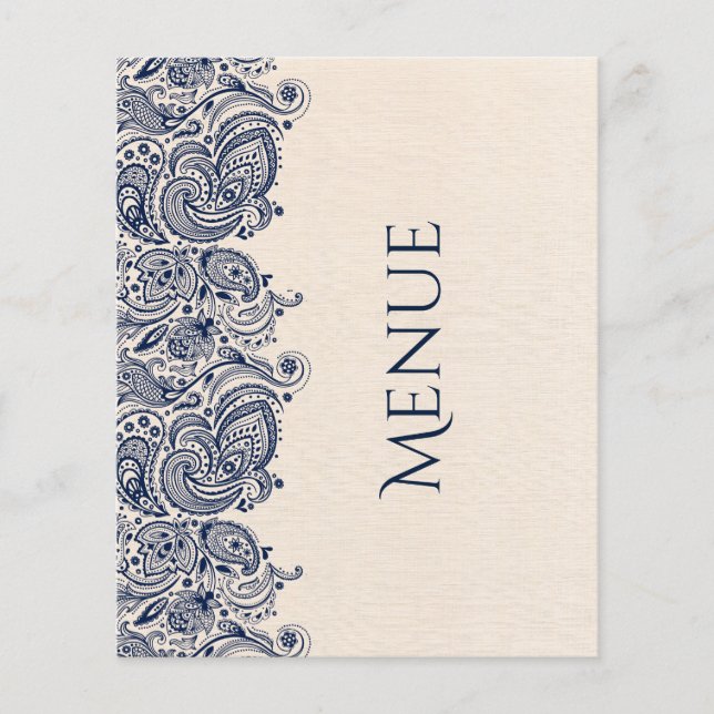 Bröllop Menu Beige Linen & Mörk-Blue Snöre (Framsida)