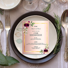 Bröllop Menu blommigt ro guld burgundbudget Flygblad