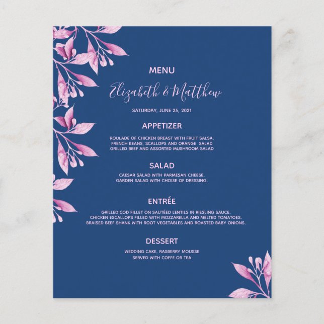 Bröllop Menu-blommigtar blå rosa (Framsida)