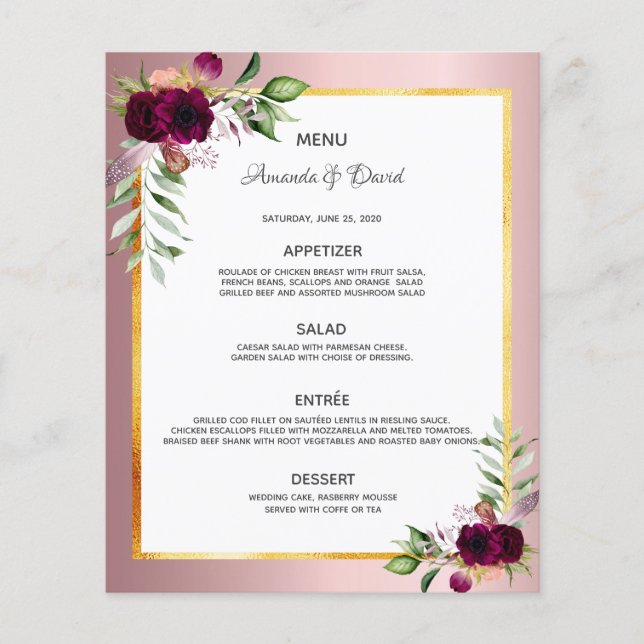 Bröllop Menu blommigtar burgundi damm ro elegant (Framsida)