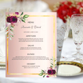 Bröllop Menu blommigtar burgundy ro guld elegant