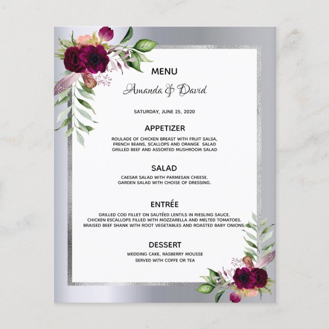 Bröllop Menu blommigtar burgundy silver elegant (Framsida)