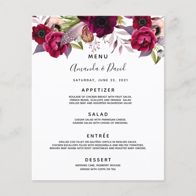 Bröllop Menu-blommigtar, vit burgundi (Framsida)