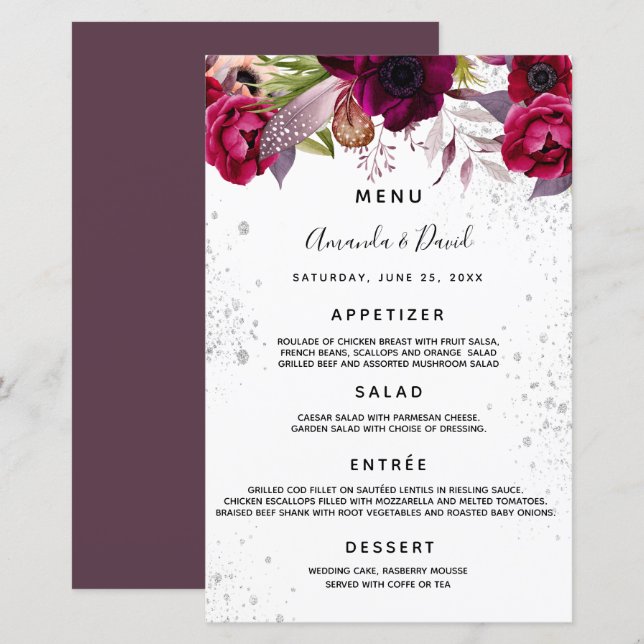 Bröllop Menu blommigtar vit burgundy lila glitter (Fram/baksida)