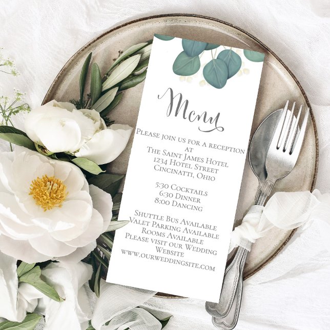 Bröllop Menu Calligraphy Eucalyptus Greenery Meny (Wedding menu card with calligraphy script and elegant foliage.)