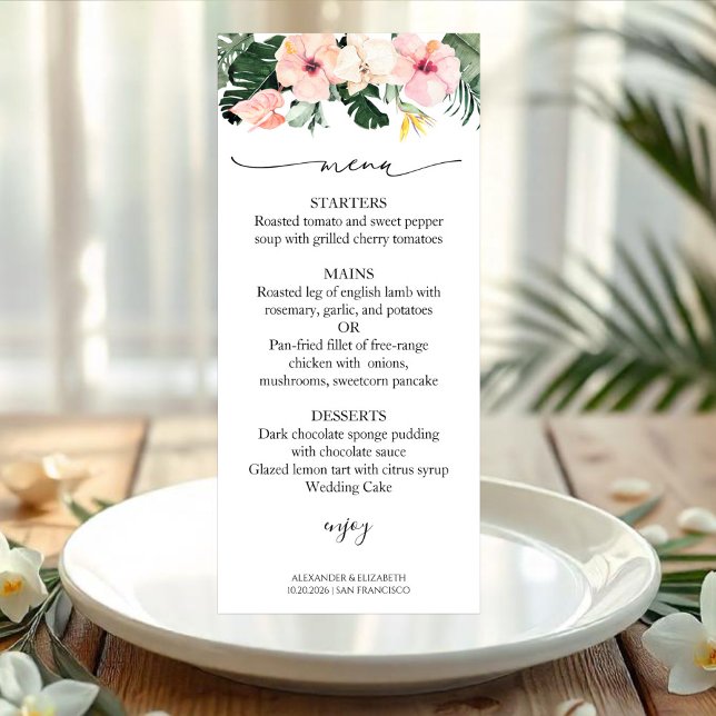 Bröllop Menu Card Handflatan Löv Hibiscus Tropical (Skapare uppladdad)