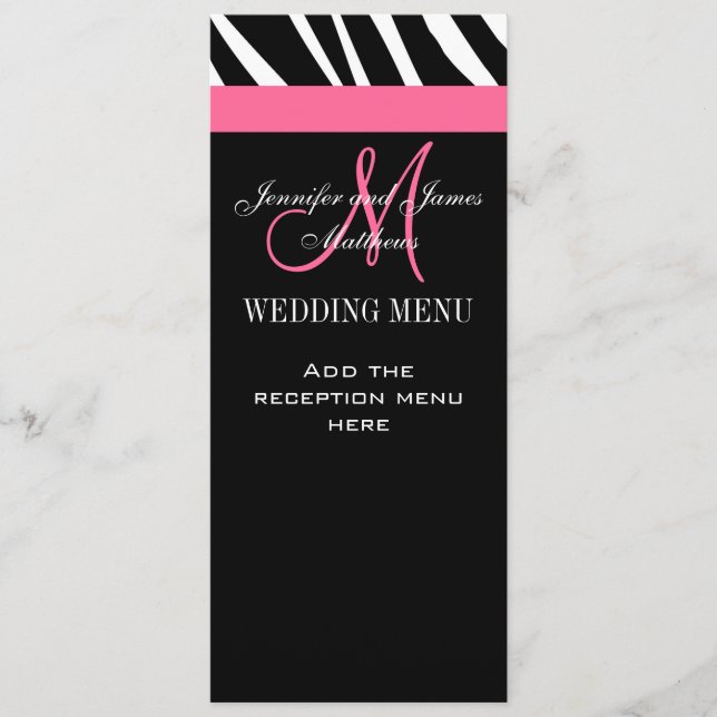 Bröllop Menu Cards Zebra Monogram Rosa Meny (Framsida)