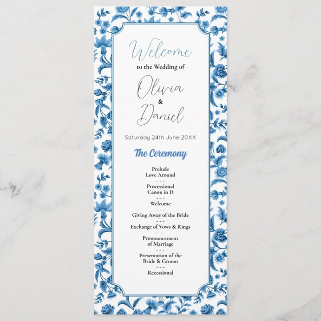 Bröllop Menu Ceremony Chintz Blue & White Blommigt Program (Framsida)