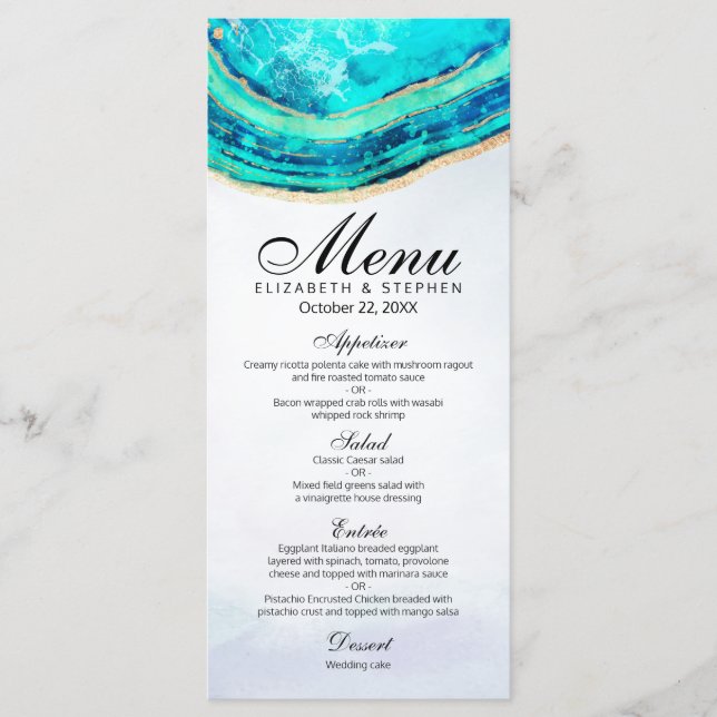 Bröllop Menu Chic Watercolor Teal Guld Agate Geode Meny (Framsida)