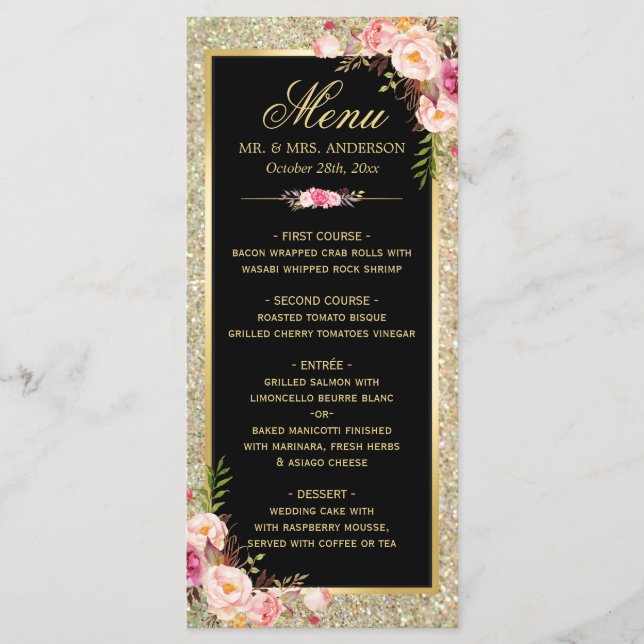 Bröllop Menu Classy Blommigt Guld Glitter Sparkles Meny (Framsida)
