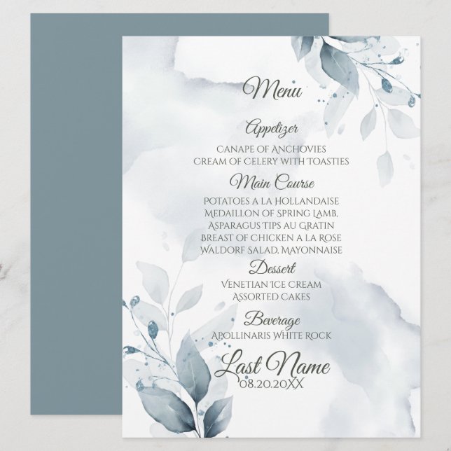 Bröllop Menu | Dusty Teal Botanical Menu Meny (Fram/baksida)