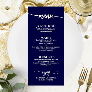 Bröllop Menu Elegant Calligraphy Navy Blue Meny