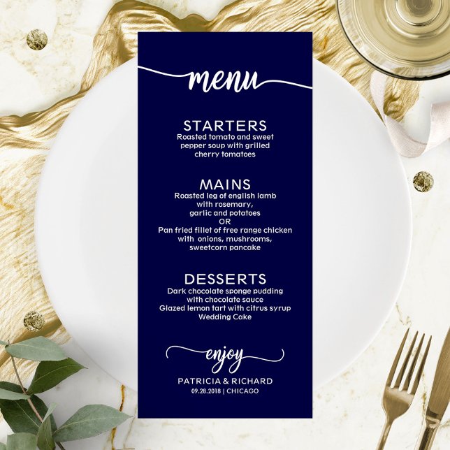 Bröllop Menu Elegant Calligraphy Navy Blue Meny (Skapare uppladdad)