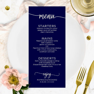 Bröllop Menu Elegant Calligraphy Navy Blue Silver Meny