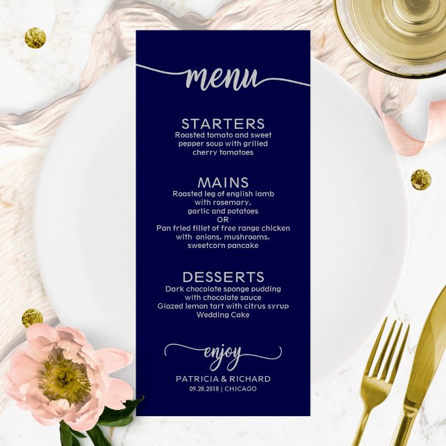 Bröllop Menu Elegant Calligraphy Navy Blue Silver Meny (Skapare uppladdad)