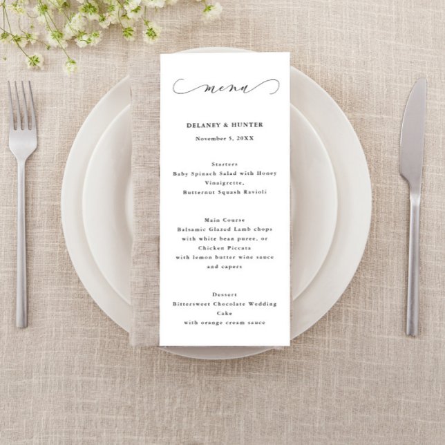 Bröllop Menu, Elegant Script-minimalistisk tall Meny (Skapare uppladdad)