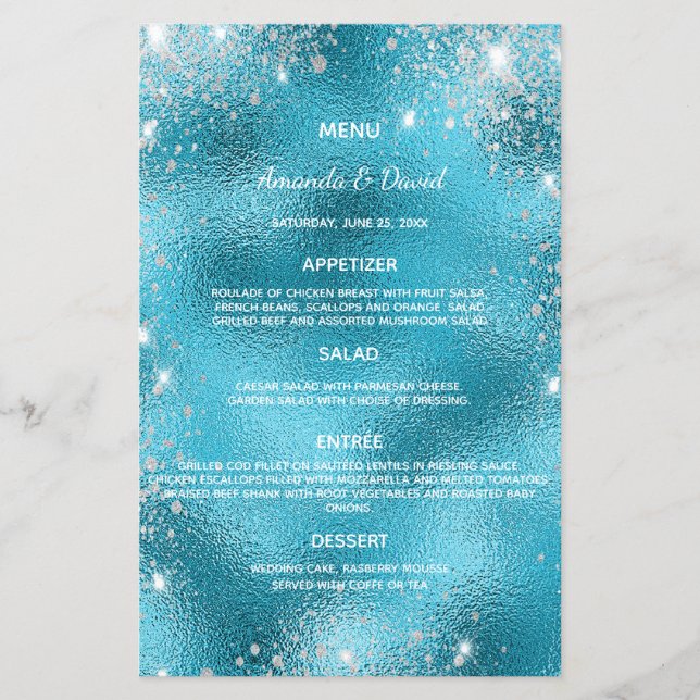 Bröllop Menu-eleganten för blått metallstam från g (Framsida)