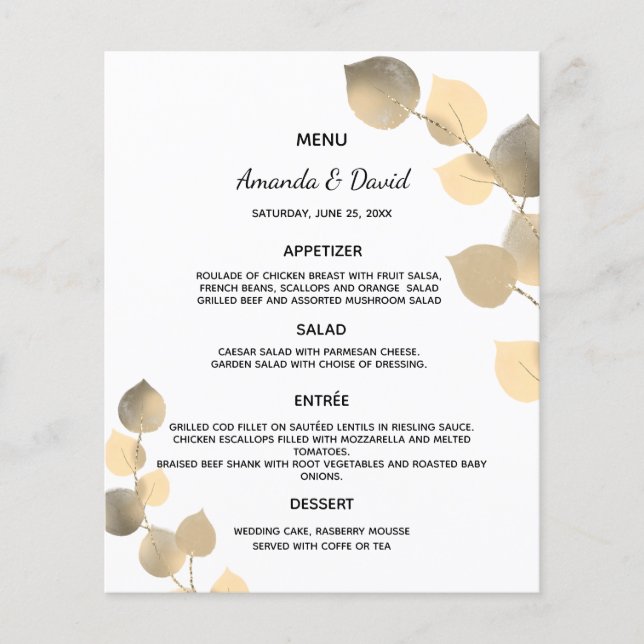 Bröllop Menu eucalyptus golden botanical (Framsida)
