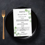 Bröllop Menu eucalyptus greenery botanical<br><div class="desc">Anpassa och lägg till namn,  datum och bröllop-menyn. Vit bakgrund,  dekorerad med eukalyptus greenery,  spriggar. Bakåt: vit bakgrund.</div>