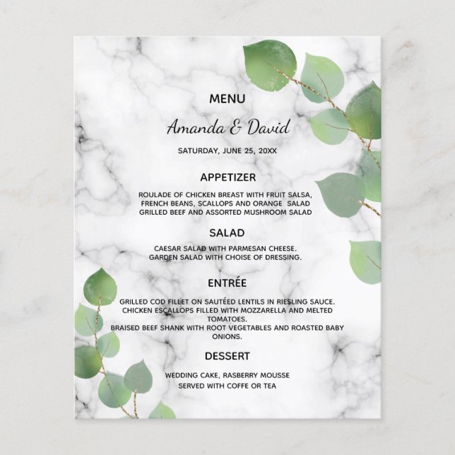 Bröllop Menu eucalyptus greenery botanical marble (Framsida)
