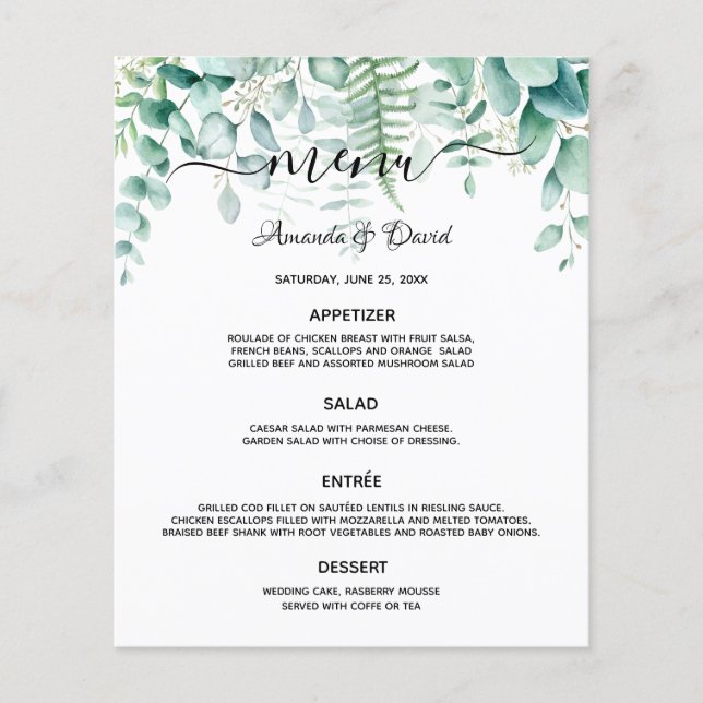 Bröllop Menu eucalyptus greenery woodland ferns (Framsida)