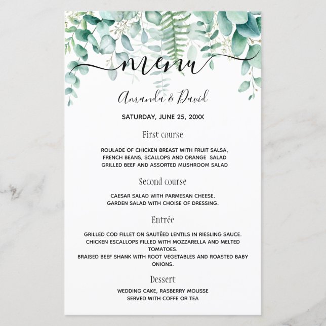 Bröllop Menu eucalyptus greenery woodland ferns (Framsida)