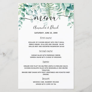 Bröllop Menu eucalyptus greenery woodland ferns