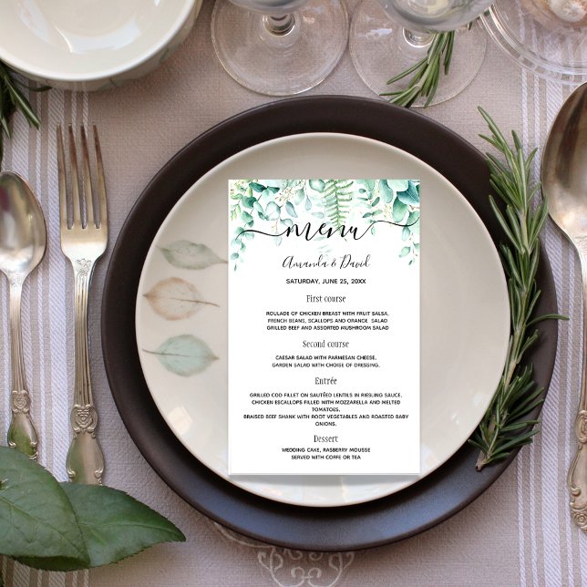 Bröllop Menu eucalyptus greenery woodland ferns Flygblad (Skapare uppladdad)