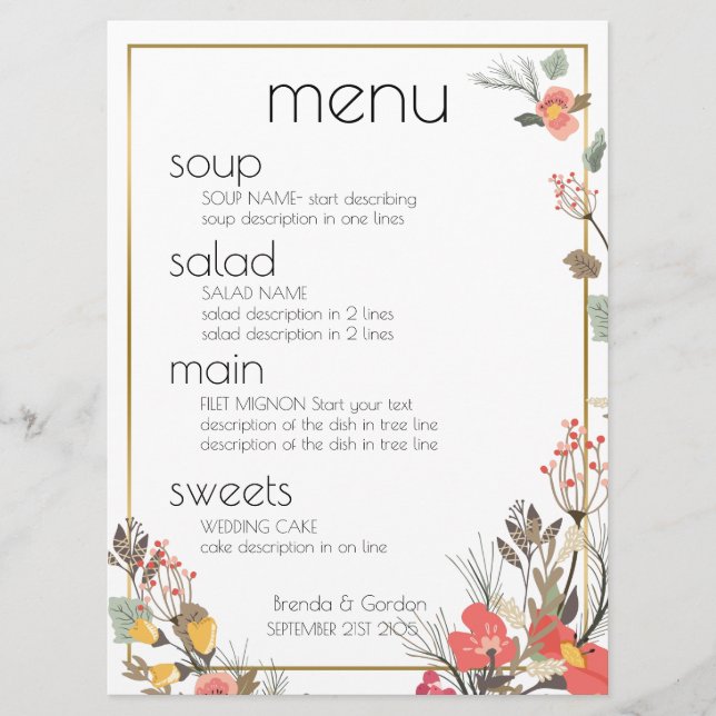 Bröllop Menu-Flowers & Guld ram Meny (Framsida)