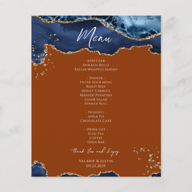 Bröllop Menu Flyer för budgetblått Orange (Framsidan)