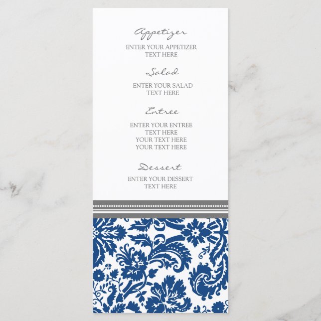 Bröllop Menu Grått Blue Damask Pattern Meny (Framsida)
