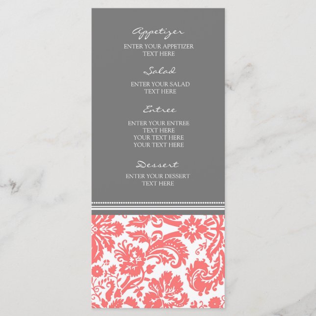 Bröllop Menu Grått Coral Damask Pattern Meny (Framsida)