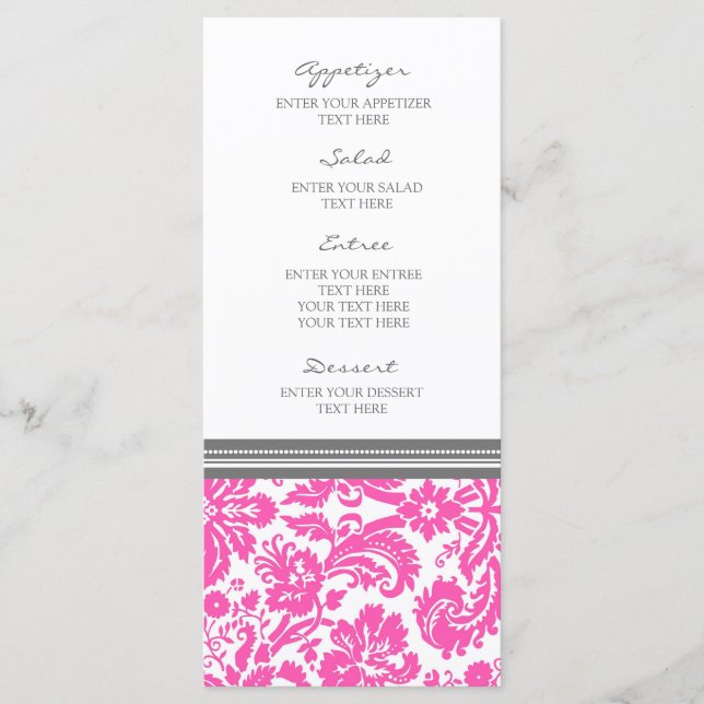 Bröllop Menu Grått Rosa Damask-mönster Meny (Framsida)