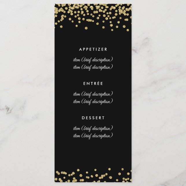 Bröllop Menu Guld Faux Glitter confetti Black Meny (Framsida)