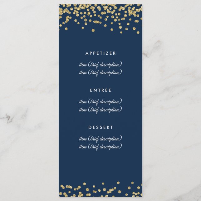 Bröllop Menu Guld Faux Glitter confetti marinblått Meny (Framsida)