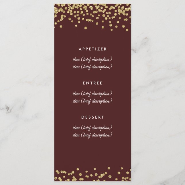 Bröllop Menu Guld Faux Glitter confetti Marsala Meny (Framsida)