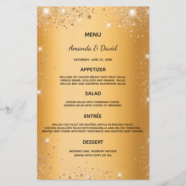Bröllop Menu guld metallisk elegant för damm från  (Framsida)